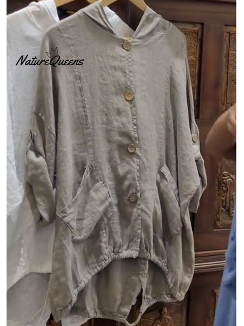 Women's Casual Cotton And Linen Hooded Jacket