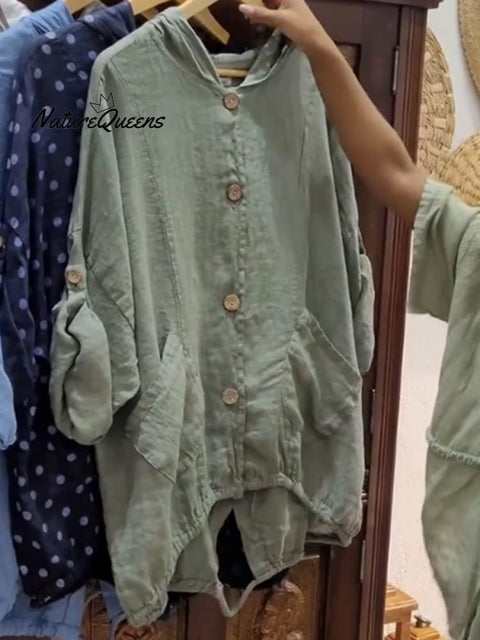 Women's Casual Cotton And Linen Hooded Jacket