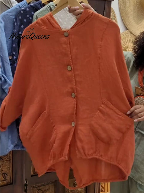 Women's Casual Cotton And Linen Hooded Jacket