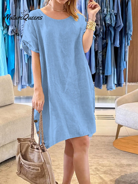 Women's Button Pocket Cotton and Linen Dress