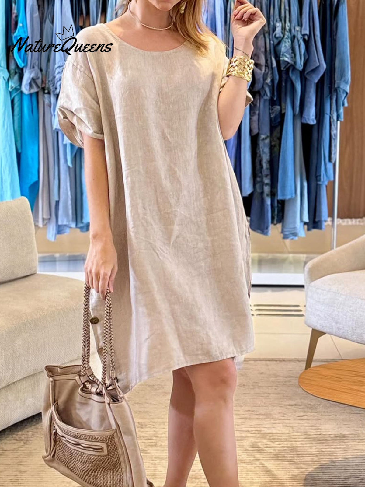 Women's Button Pocket Cotton and Linen Dress