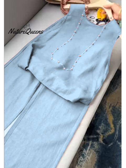 Women's Cotton And Linen Casual Vest and Pants Set