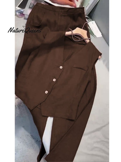 Women's Cotton And Linen Casual Vest and Pants Set