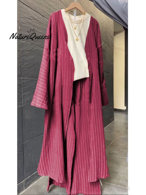 Women's Casual Striped Cotton and Linen Long Cardigan and Pants Set