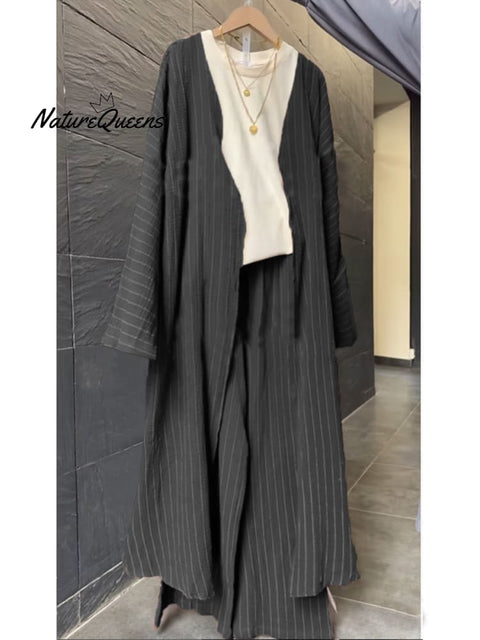 Women's Casual Striped Cotton and Linen Long Cardigan and Pants Set