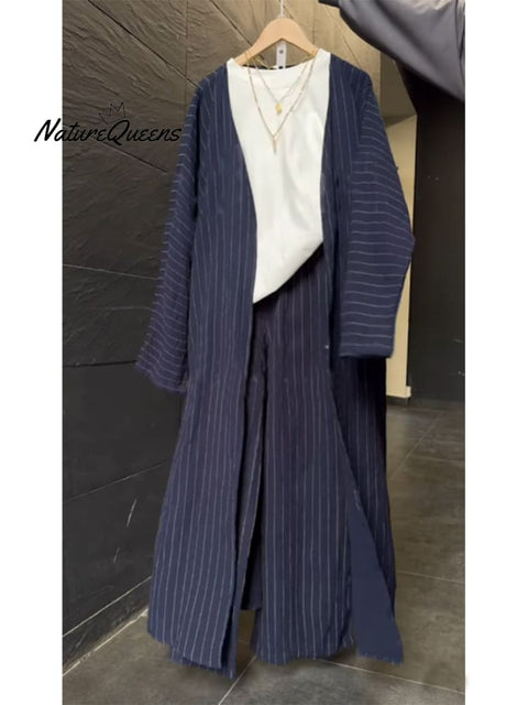 Women's Casual Striped Cotton and Linen Long Cardigan and Pants Set