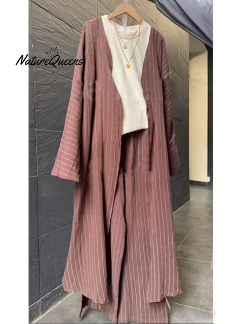 Women's Casual Striped Cotton and Linen Long Cardigan and Pants Set