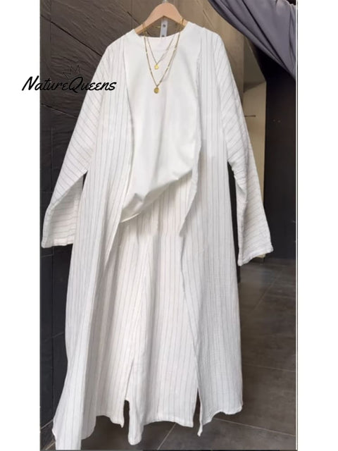 Women's Casual Striped Cotton and Linen Long Cardigan and Pants Set