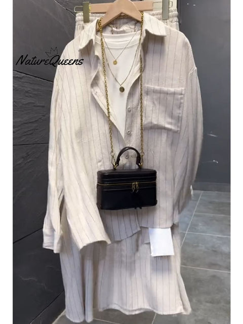 Women's Striped Cotton and Linen Shirt and Skirt Set