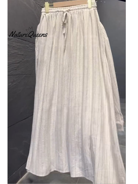 Women's Striped Cotton and Linen Shirt and Skirt Set