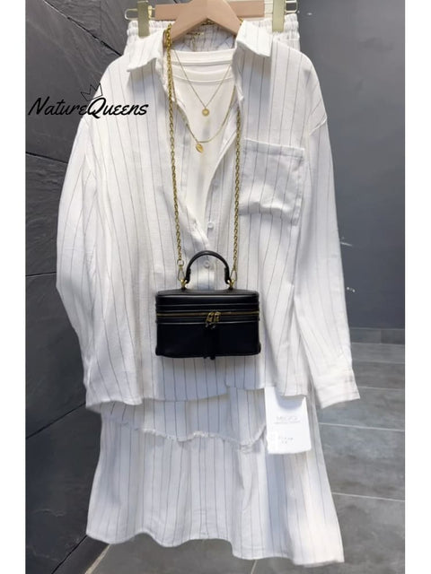Women's Striped Cotton and Linen Shirt and Skirt Set