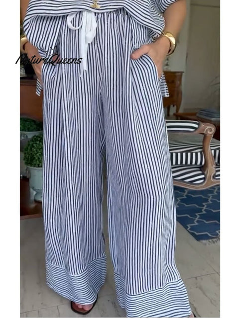Women's Striped Cotton and Linen Shirt and Pats Set