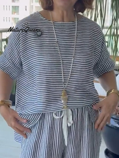 Women's Striped Cotton and Linen Shirt and Pats Set