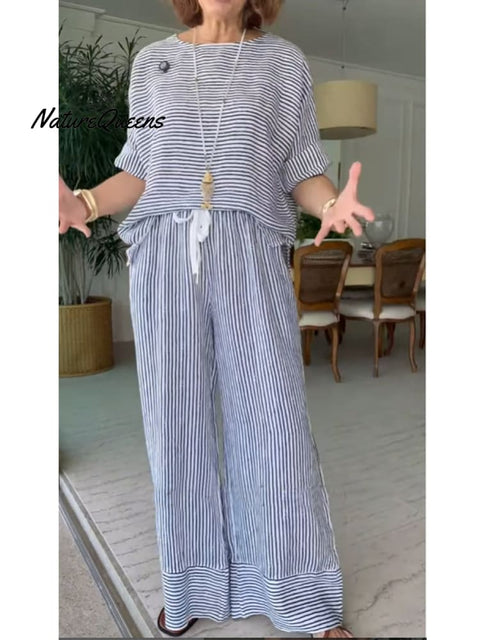 Women's Striped Cotton and Linen Shirt and Pats Set