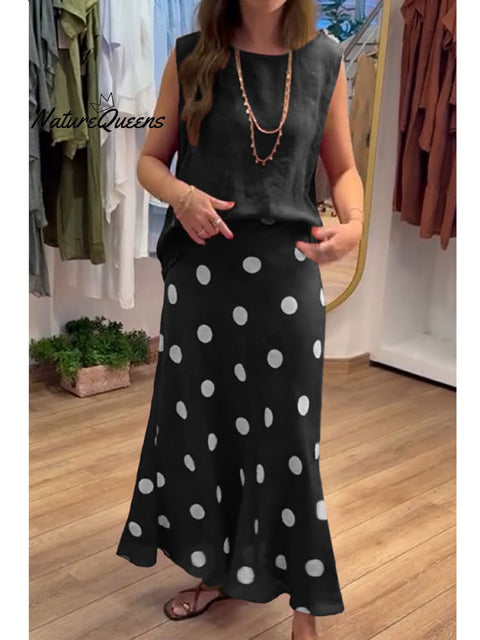 Women's Cotton and Linen Vest and Polka Dot Skirt Set