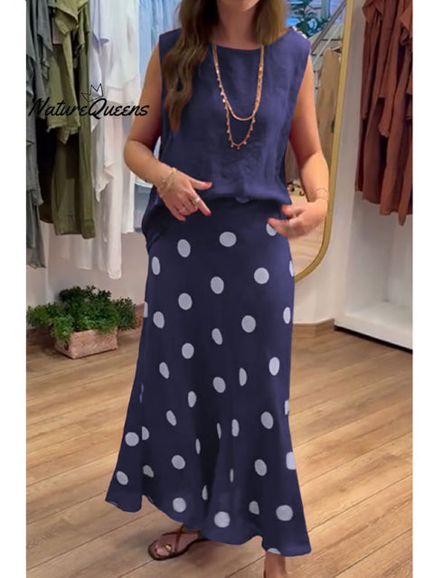 Women's Cotton and Linen Vest and Polka Dot Skirt Set