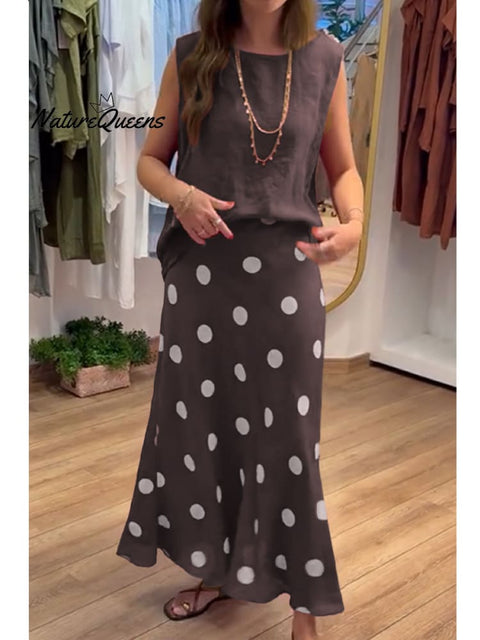Women's Cotton and Linen Vest and Polka Dot Skirt Set