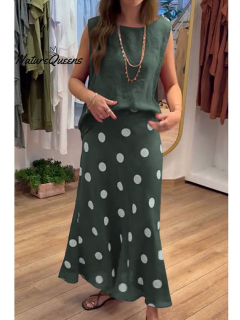 Women's Cotton and Linen Vest and Polka Dot Skirt Set