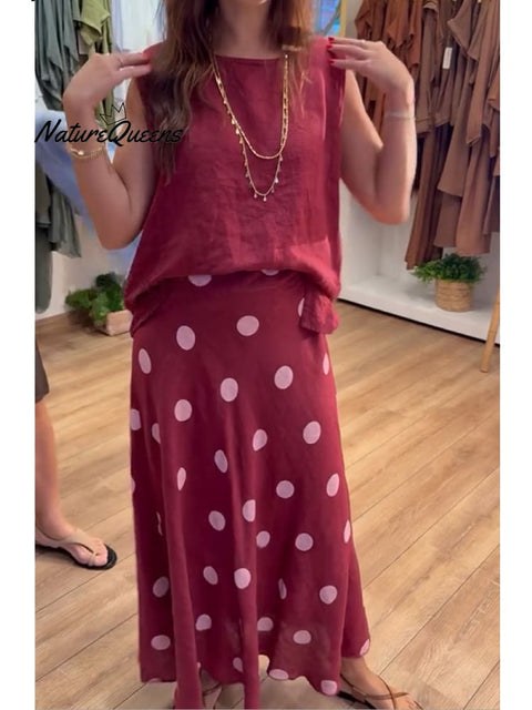 Women's Cotton and Linen Vest and Polka Dot Skirt Set