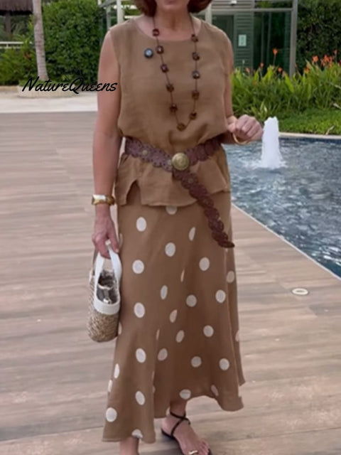 Women's Cotton and Linen Vest and Polka Dot Skirt Set