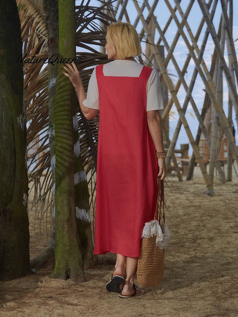 Women's Linen Pocket Suspender Dress