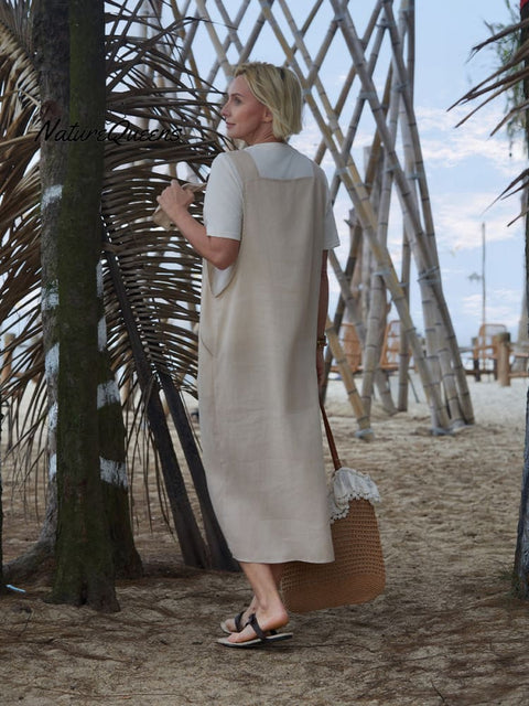 Women's Linen Pocket Suspender Dress