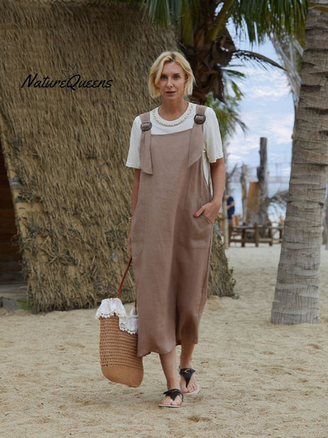 Women's Linen Pocket Suspender Dress