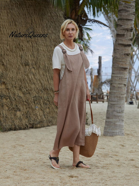 Women's Linen Pocket Suspender Dress