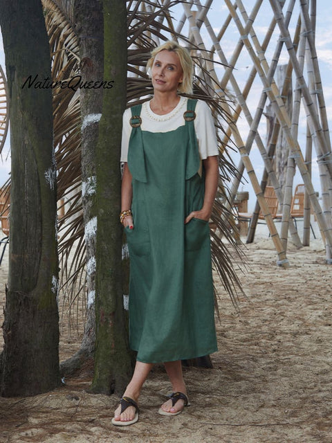Women's Linen Pocket Suspender Dress