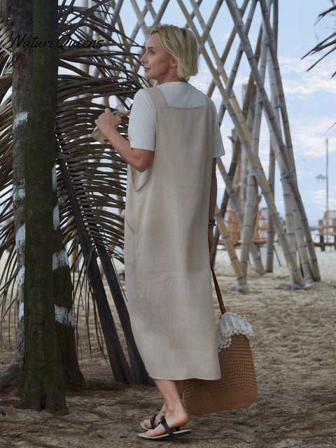100% Linen Women's Linen Pocket Suspender Dress
