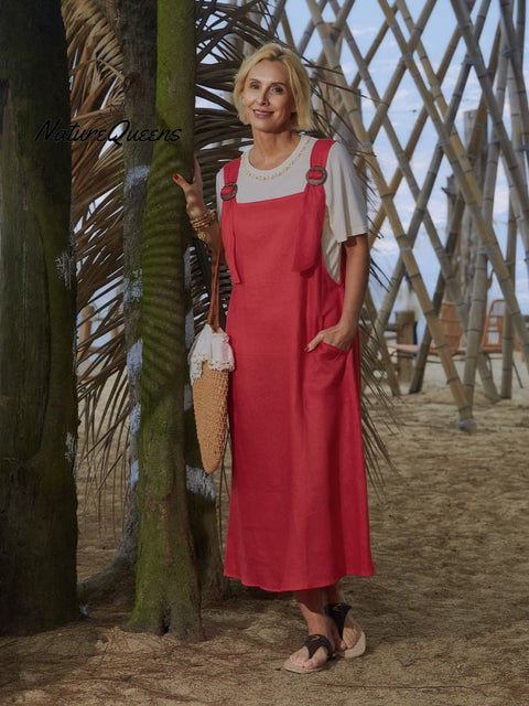 Women's Linen Pocket Suspender Dress