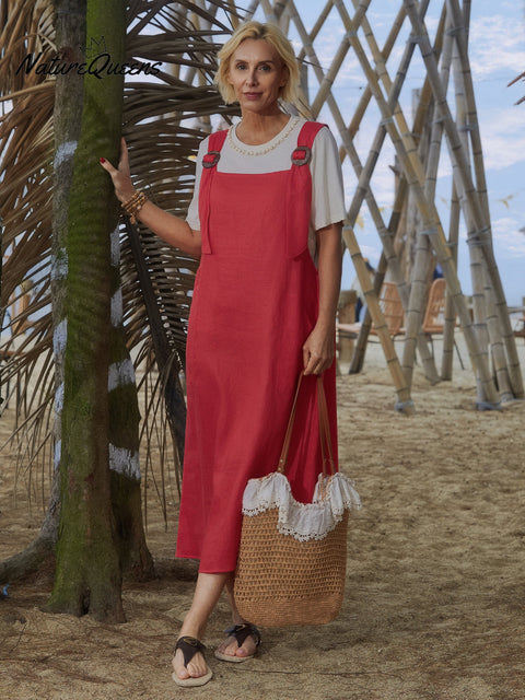 100% Linen Women's Linen Pocket Suspender Dress