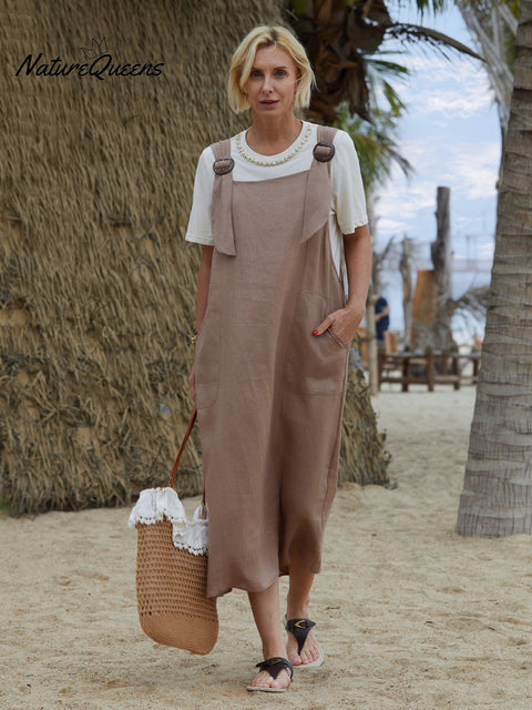 100% Linen Women's Linen Pocket Suspender Dress