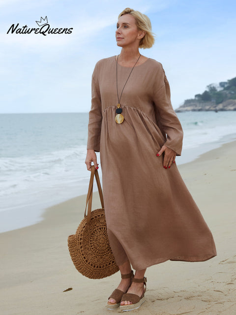 100% Linen Women's Crew Neck Linen Pocket Dress