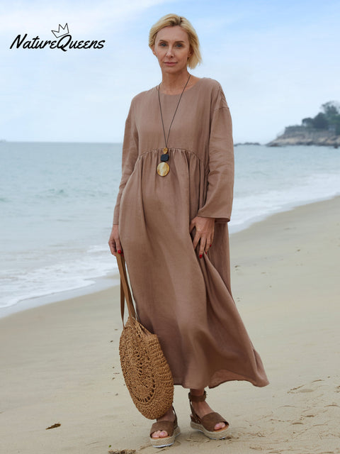 100% Linen Women's Crew Neck Linen Pocket Dress