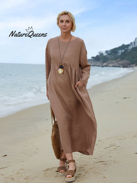 Women's Crew Neck Linen Pocket Dress