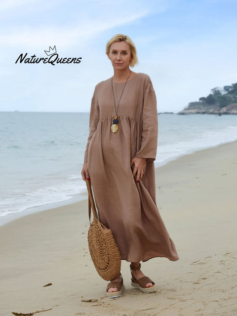 Women's Crew Neck Linen Pocket Dress