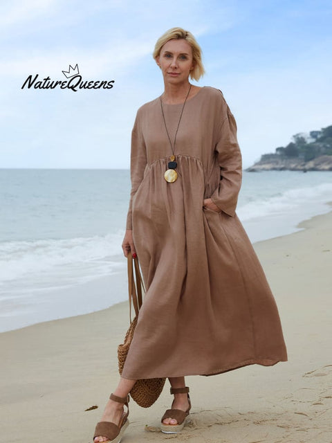 Women's Crew Neck Linen Pocket Dress
