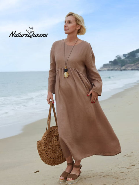 Women's Crew Neck Linen Pocket Dress