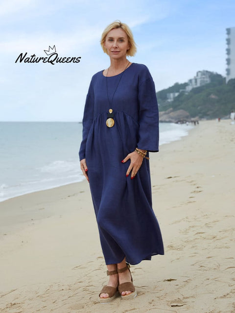 Women's Crew Neck Linen Pocket Dress