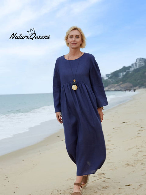 Women's Crew Neck Linen Pocket Dress