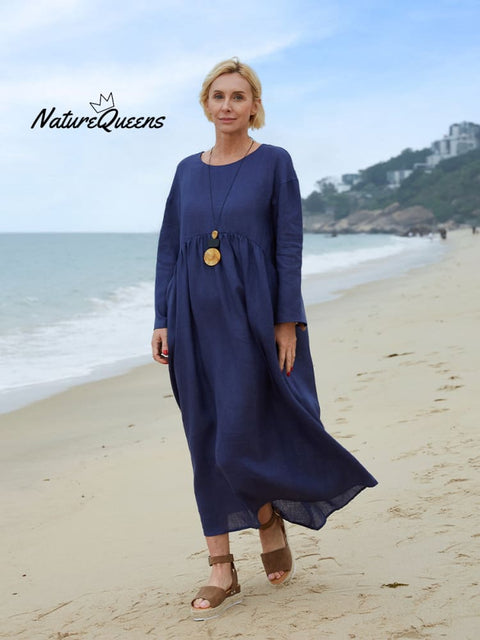 Women's Crew Neck Linen Pocket Dress