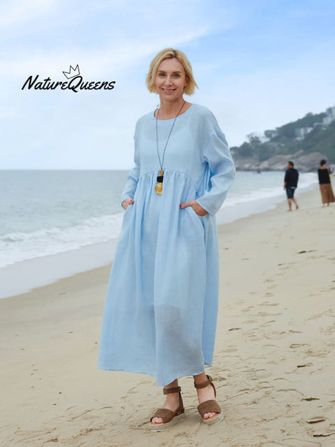Women's Crew Neck Linen Pocket Dress