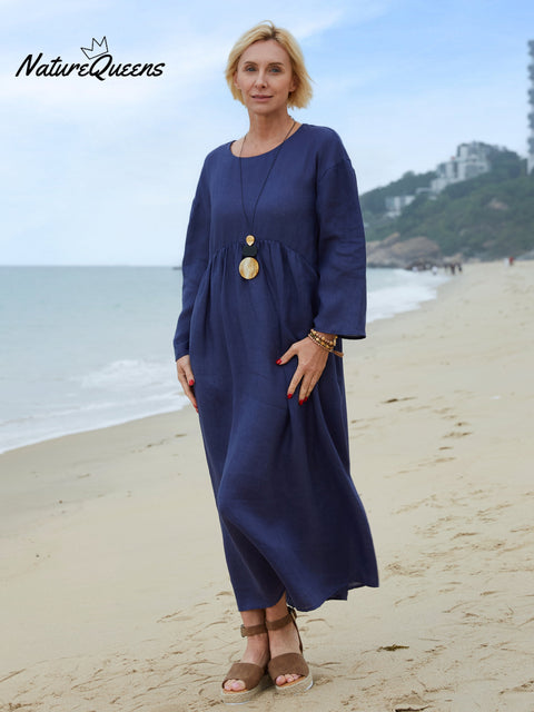 100% Linen Women's Crew Neck Linen Pocket Dress