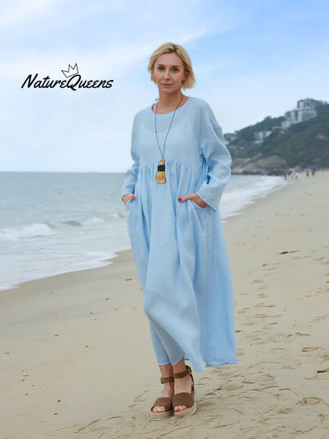 Women's Crew Neck Linen Pocket Dress