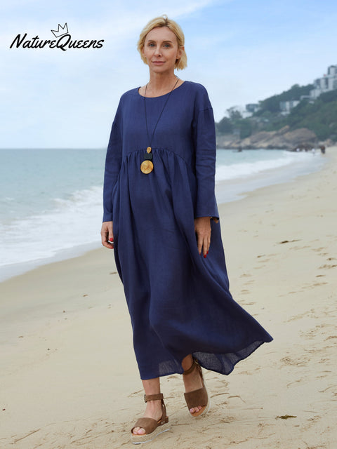 100% Linen Women's Crew Neck Linen Pocket Dress