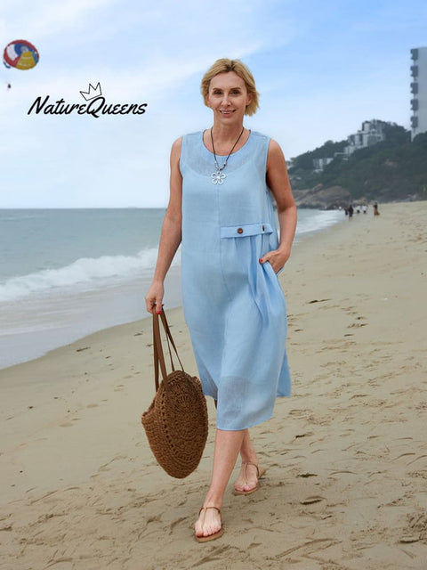 Women's Sleeveless Linen Pocket Dress
