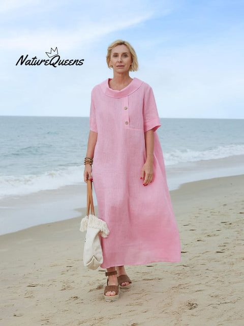 Women's Peter Pan Collar Loose Casual Short Sleeve Linen Dress