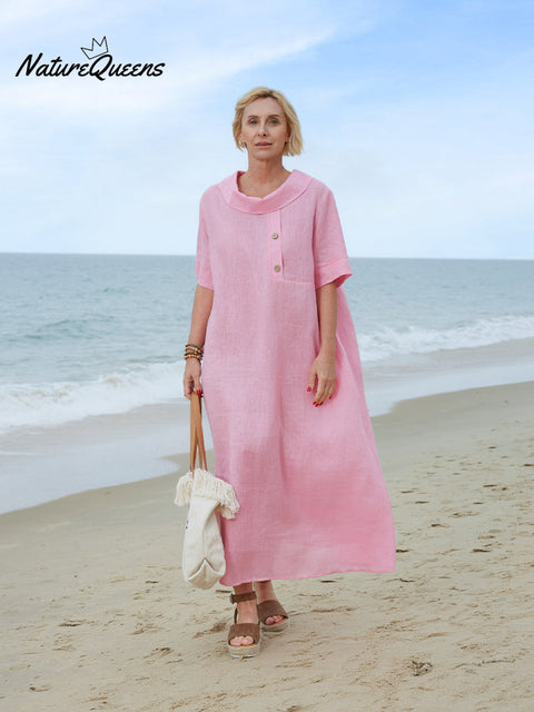 Women's Peter Pan Collar Loose Casual Short Sleeve Linen Dress