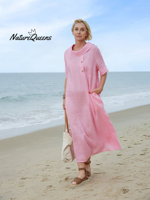 Women's Peter Pan Collar Loose Casual Short Sleeve Linen Dress